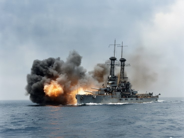 Послевоенное фото USS Delaware (BB-28) запечатлело работу его главных орудий во время учений.