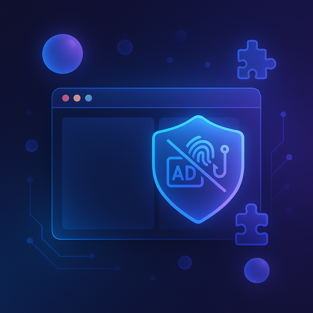 Краткое описание: минималистичная иллюстрация приватного браузера — окно со split-view, щит «отбивает» рекламу, трекеры и фишинг; вокруг — «гелиевые» пузыри и линии схем как намёк на лёгкость и open-source