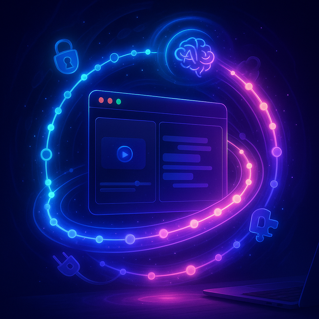 Краткое описание: неоновая спираль-таймлайн с «коммитами» обвивает macOS-окно; киноплёнка плавно превращается в круг 15-минутных отметок, ореол-ИИ подсвечивает секции, замок намекает на приватность, а пазл — на open-source.