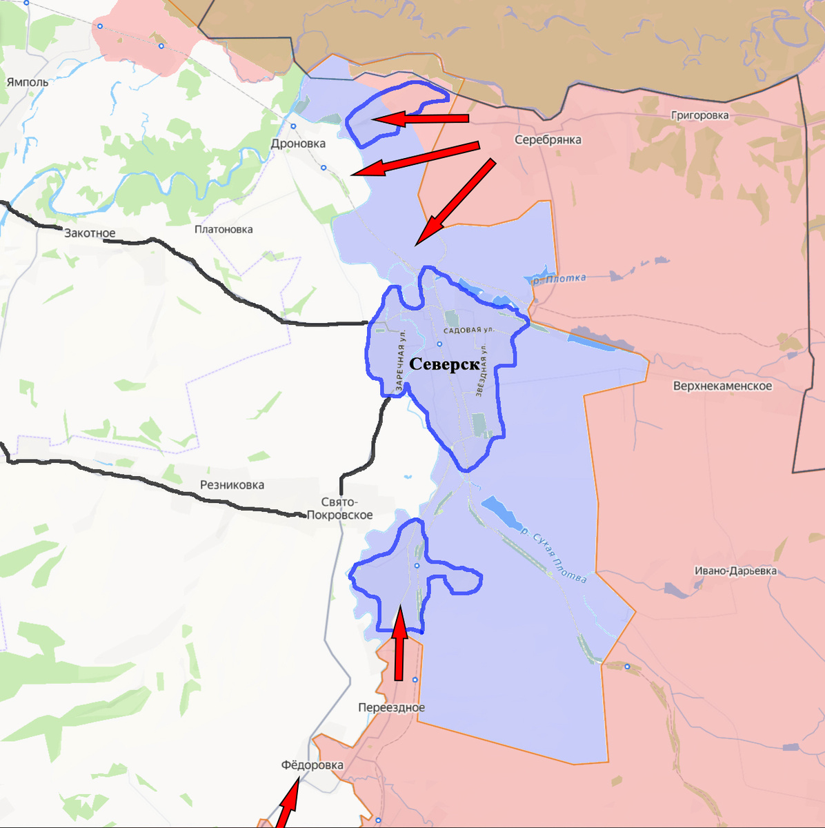 Синей (ну, сиреневой...) заливкой - северский выступ противника (вернее, то, что от него осталось к концу сентября), синим контуром без подписей, сверху вниз: малая часть Северска, село Звановка. Красными стрелками - направления атакующих действий ВС РФ.