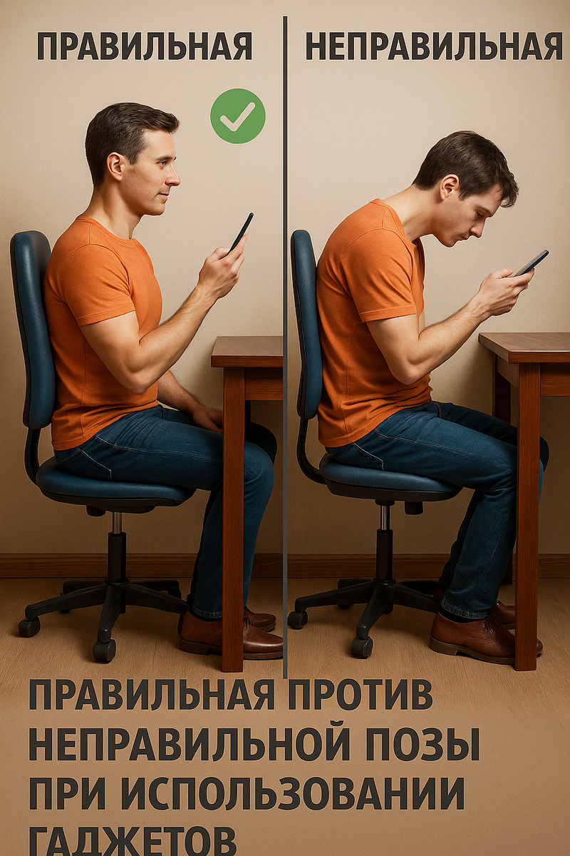 Правильная против неправильной позы при использовании гаджетов