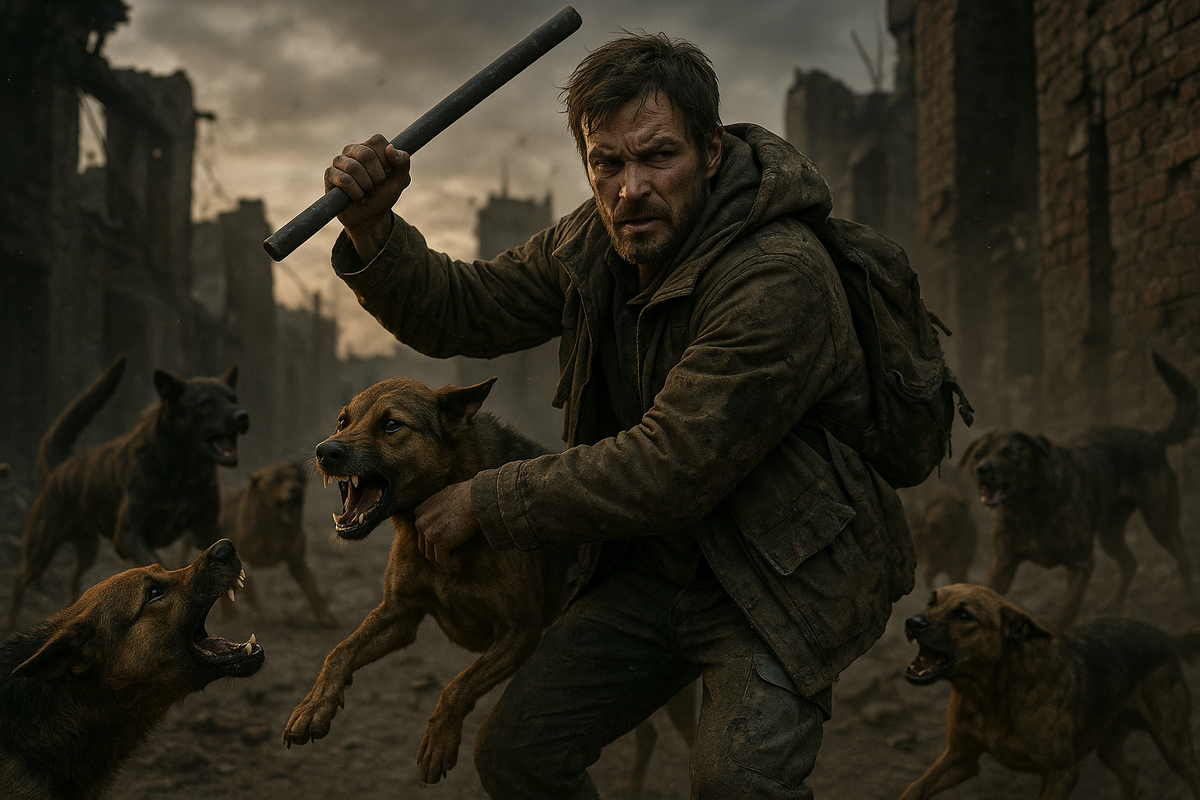 Вы сворачиваете во двор, из-за гаражей выскакивают собаки. Одна лает в упор, остальные расходятся полукольцом. В руке — треккинговая палка (или крепкая ветка). Ошибка сейчас — и стая «накроет» с двух сторон. Правильное движение — и вы отрежете им атаки, доберётесь до укрытия и уйдёте.