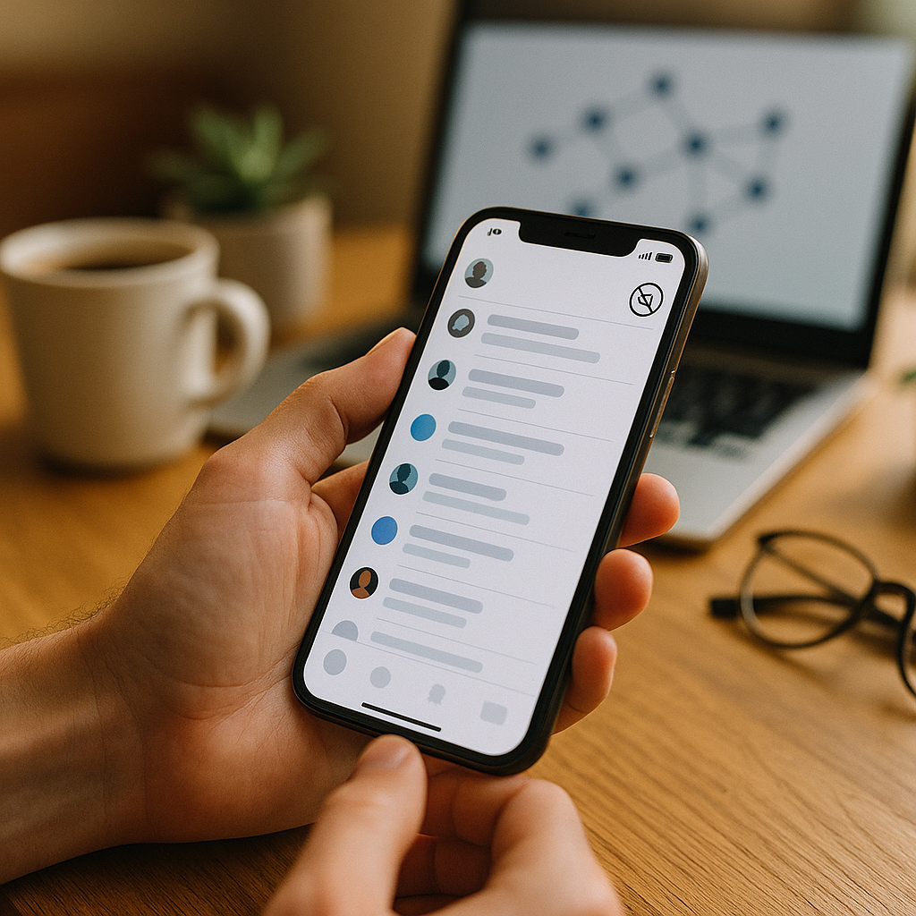 Краткое описание: тёплая естественная сцена — рука листает на смартфоне чистую хронологическую ленту без рекламы; на заднем плане размытый ноутбук с простой схемой узлов, кружка кофе и очки — намёк на федерацию и отсутствие алгоритмов.
