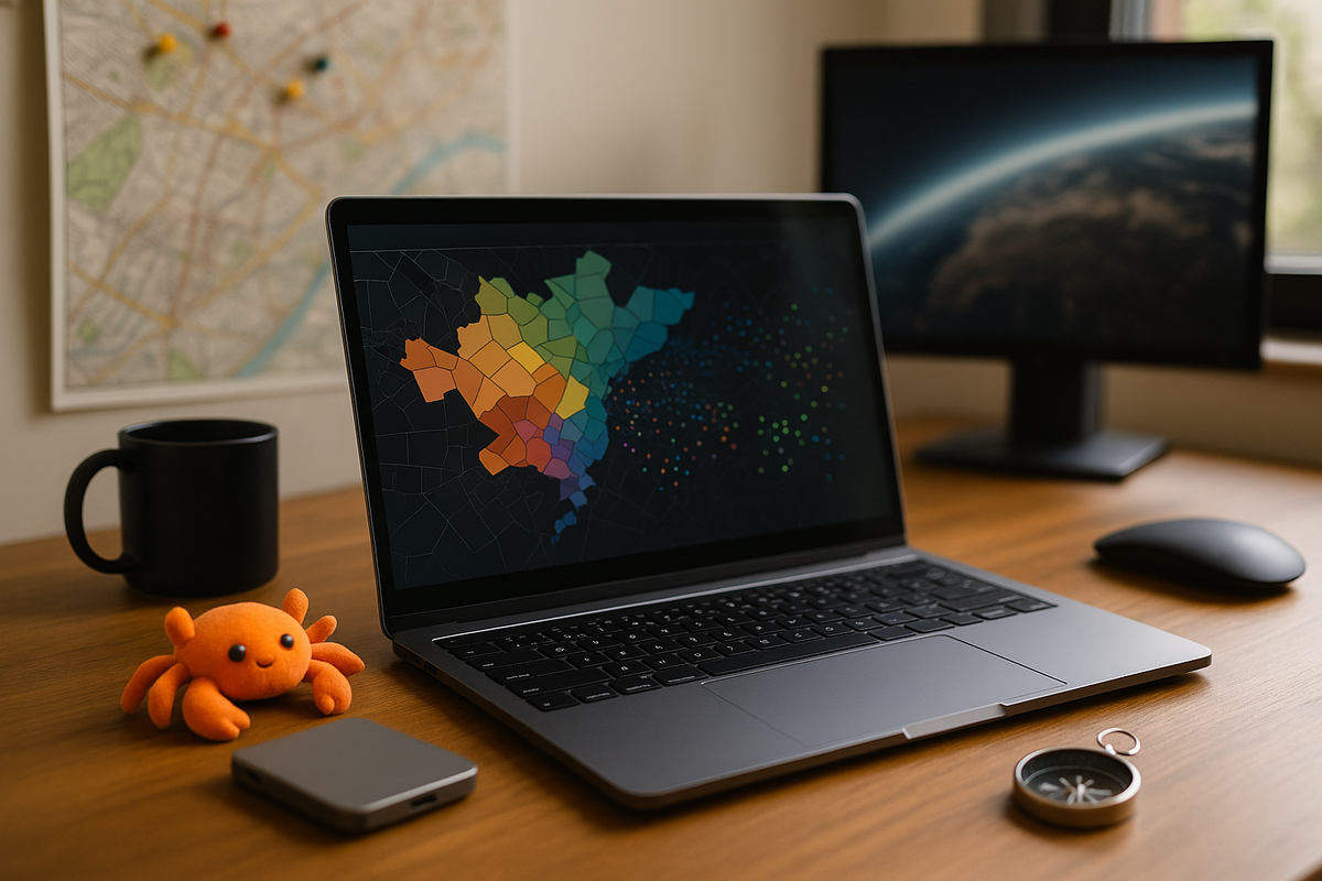 Краткое описание: естественная рабочая сцена GIS — ноутбук с картой из цветных полигонов, линий и точек; рядом компас и оранжевый крабик как намёк на Rust, на стене размытая бумажная карта.