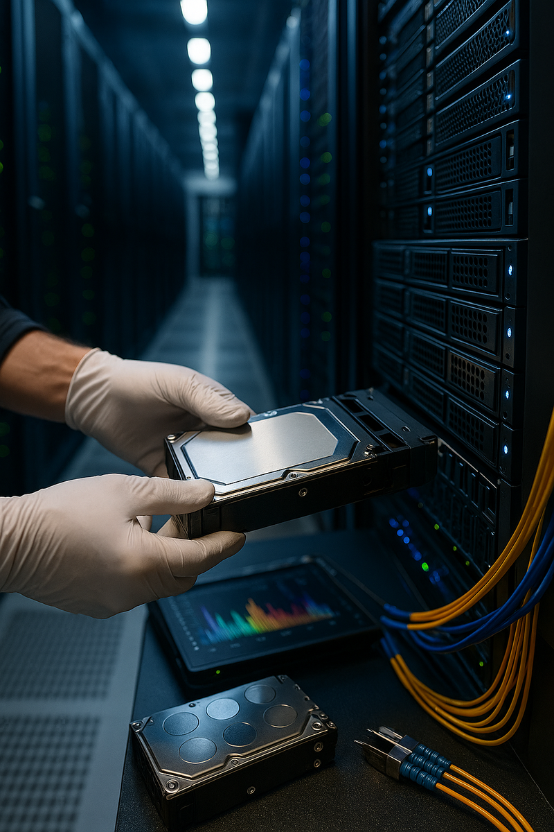 Краткое описание: естественная сцена в дата-центре — руки техника вставляют 3.5″ HDD в стойку; вокруг ряды серверов, мигают индикаторы, видны связки оптики и размытый монитор с графиками производительности.