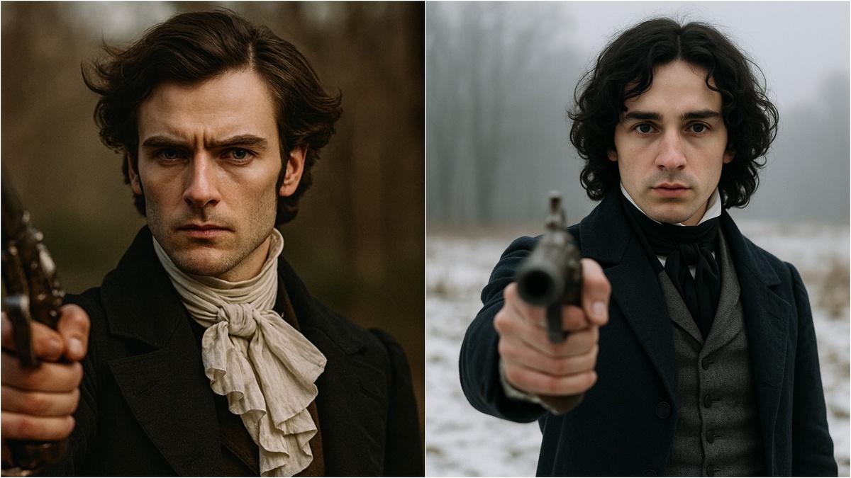 Онегин (слева) и Ленский, фото реконструкция по описанию из "Евгения Онегина"