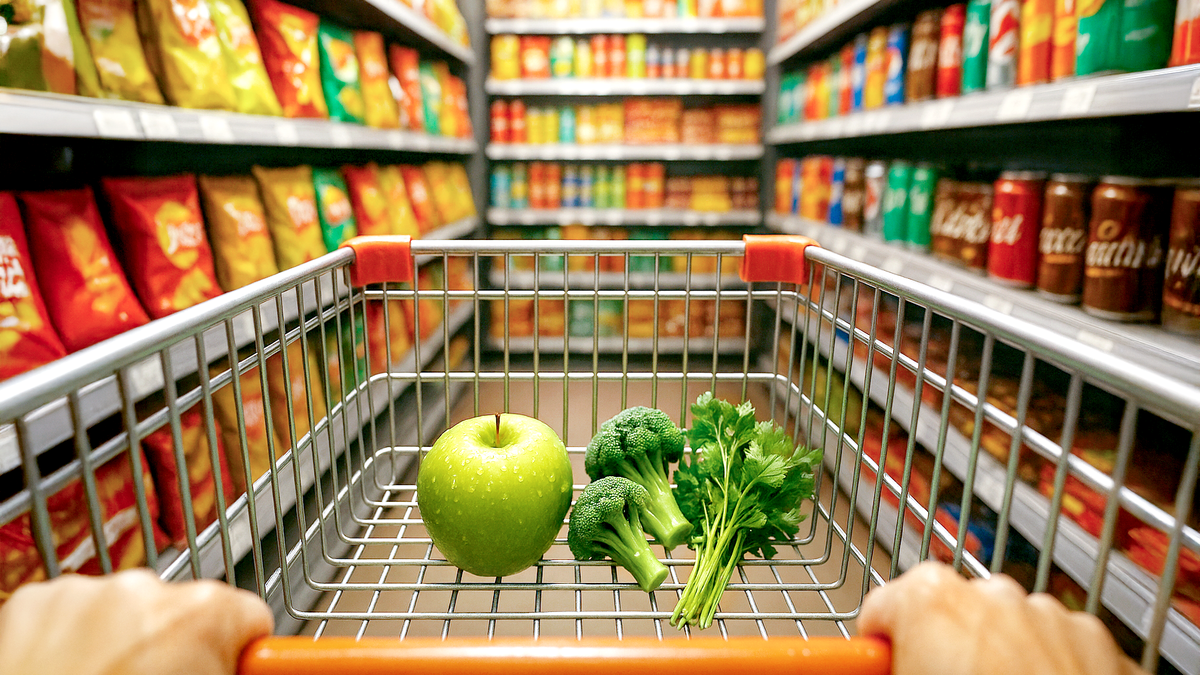 Тележка с честными продуктами против армии ярких упаковок. Кажется, выбор очевиден… но маркетинг думает иначе