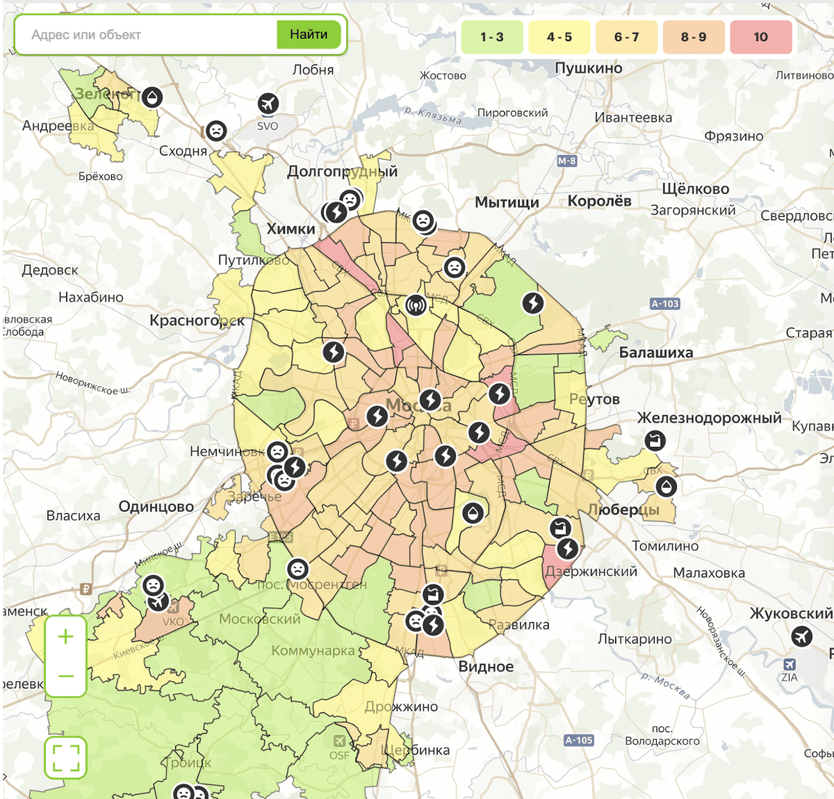 Карта экологичности районов Москвы от EcoStandart group. Зеленым выделены самые экологически чистые районы