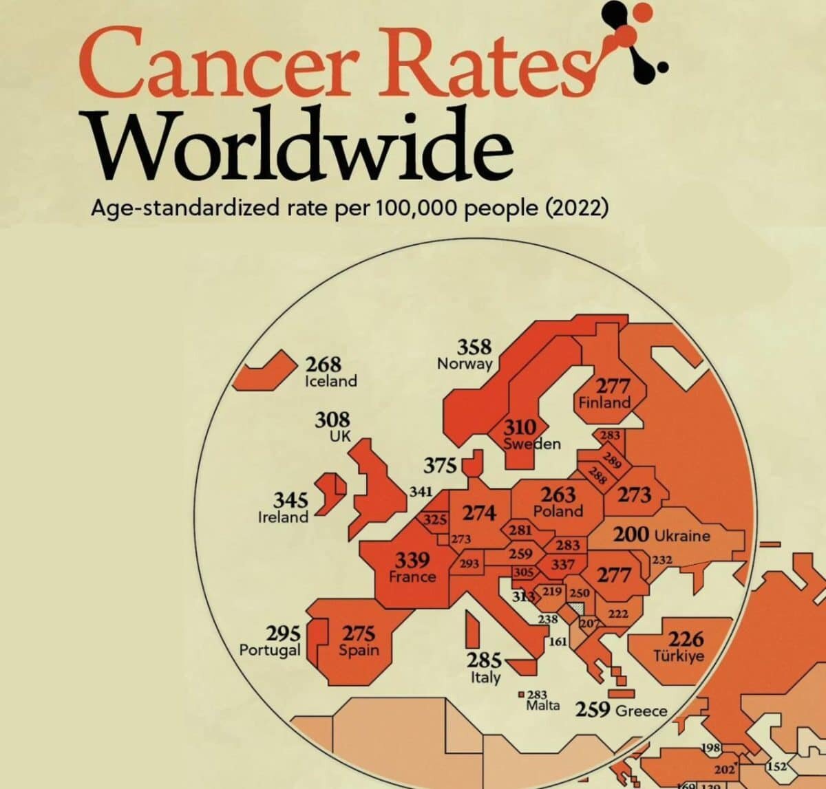    Инфографика: Показатели заболеваемости раком в Европе / © Visual Capitalist