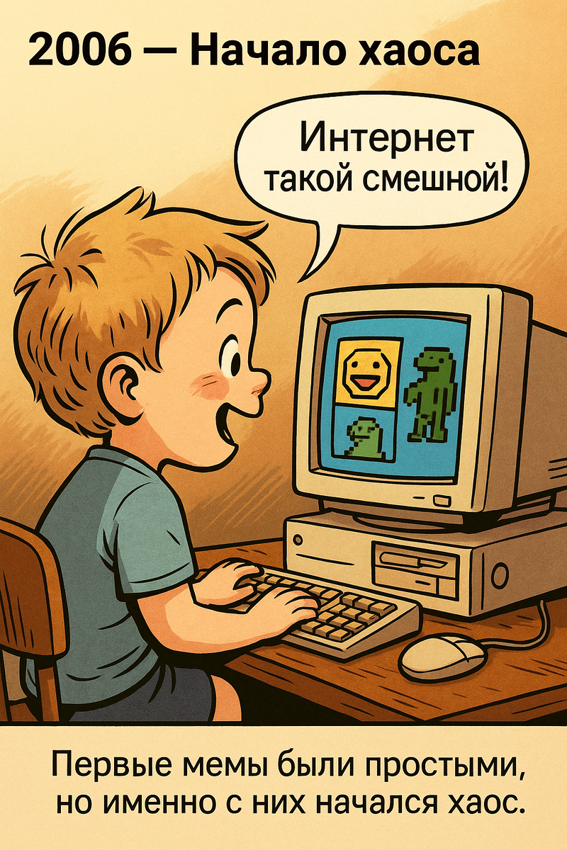 📖 Сюжет: Маленький ребёнок сидит за старым компьютером. На экране простые пиксельные мемы.

💬 Реплика ребёнка: «Интернет такой смешной!»

