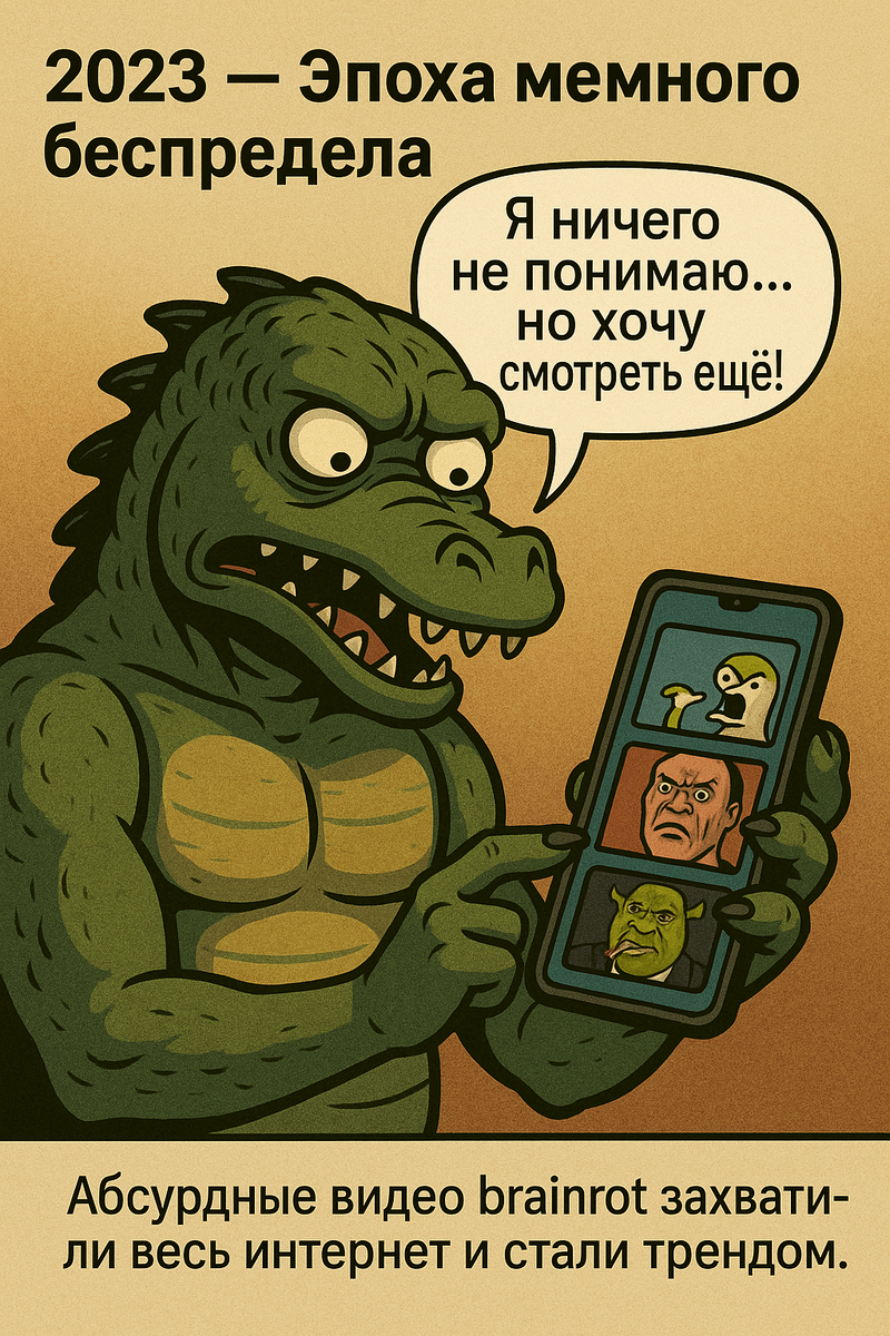 😂 2023 — Эпоха мемного беспредела
📖 Сюжет: Гибридное существо (полукрокодил, получеловек) держит смартфон и скроллит мемы.

💬 Реплика монстра: «Я ничего не понимаю… но хочу смотреть ещё!»

