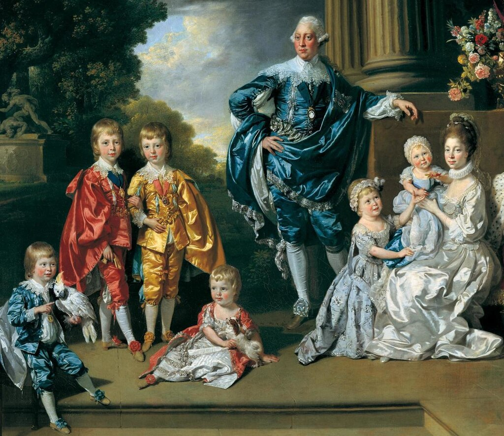 Король Георг III с королевой Шарлоттой и шестью их старшими детьми. Художник Иоганн Цоффани (1770) Король Георг III с королевой Шарлоттой и шестью их старшими детьми. Художник Иоганн Цоффани (1770)