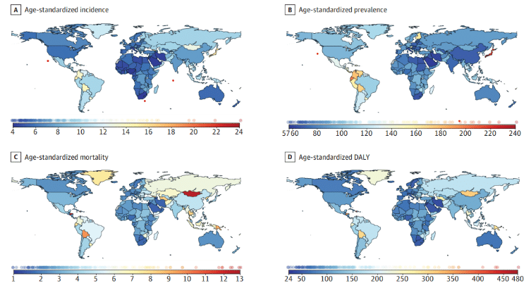    Стандартизированные по возрасту показатели заболеваемости. (A)  заболеваемость, (B) распространенность, (C) смертность, (D) число лет жизни, скорректированных по нетрудоспособности (DALY) при субарахноидальном кровоизлиянии на 100 тысяч человек. Рисунок создан с помощью Института показателей и оценки здоровья / © Ilari Rautalin et al., JAMA Neurology