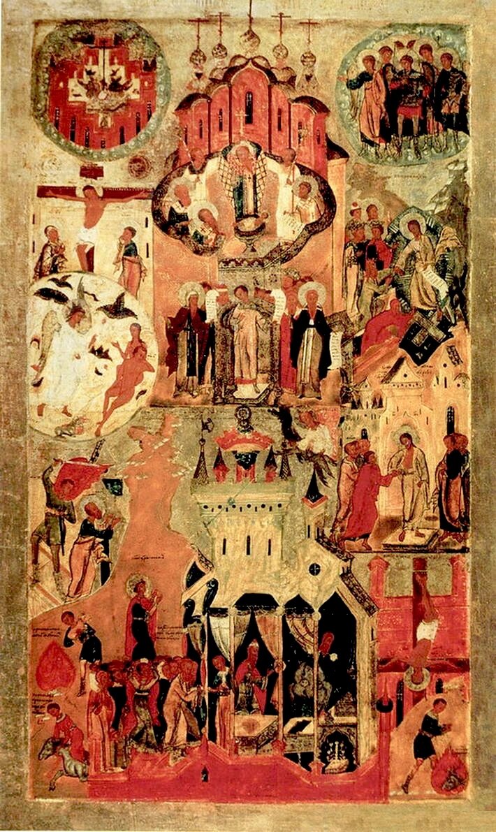    Икона «Обновление храма Воскресения Христова и Похвала Богородице» (конец XVI — начало XVII века). Фото: https://ru.wikipedia.org/