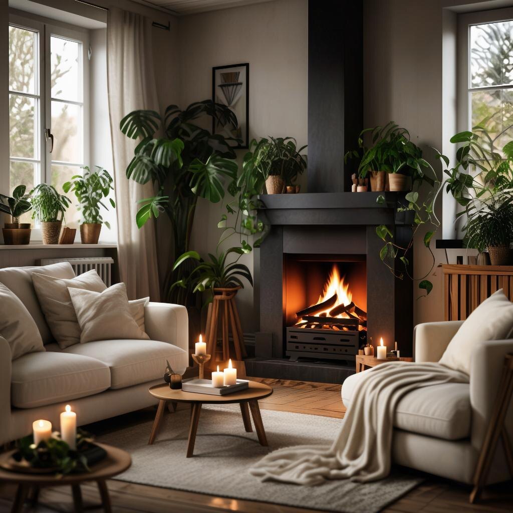 Гостиная с камином, украшенная свечами и растениями.