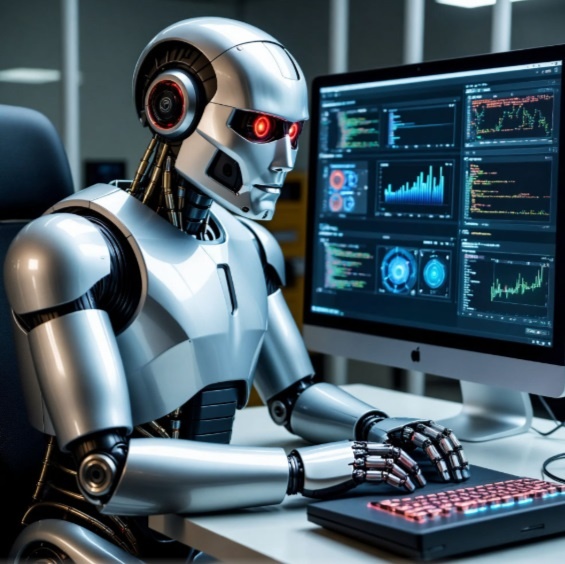 Робот делает контрольную работу с тестом.