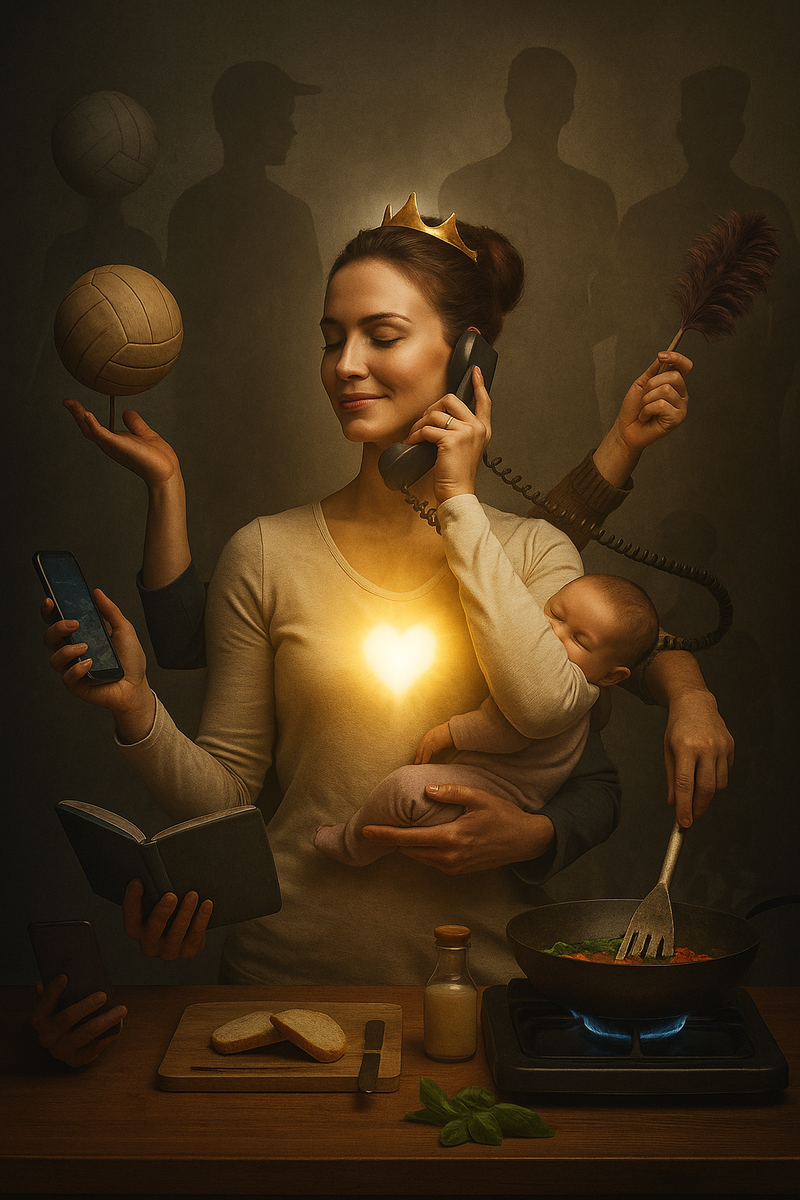 *Дифференциация ролей обязательна даже с точки зрения безопасности. Изображение создано ИИ, не рекомендуется держать ребёнка во время любых других занятий, также как и держать легко воспламеняющиеся предметы вблизи огня и сильно нагретых поверхностей.