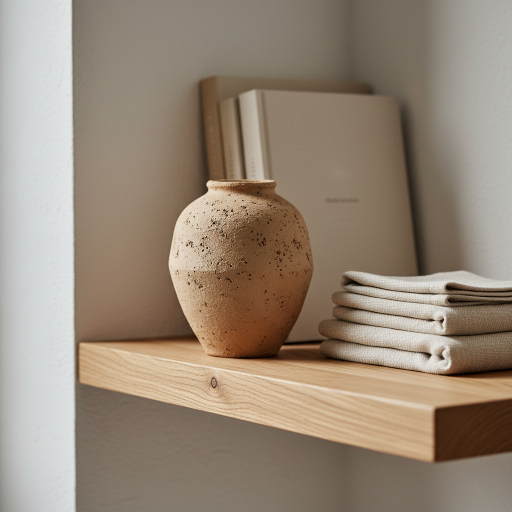 Сочетание разных фактур — ключ к успеху. Гладкая керамика, волокнистое дерево и мягкий лен отлично дополняют друг друга.