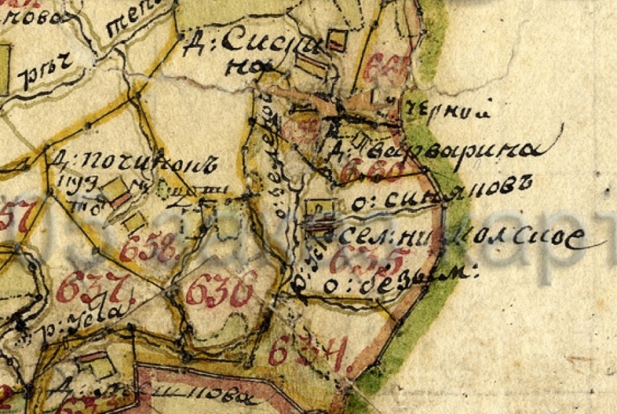 Карта с указанием части мест, пожалованных А. Ф. Ладынину в 1685 г. 