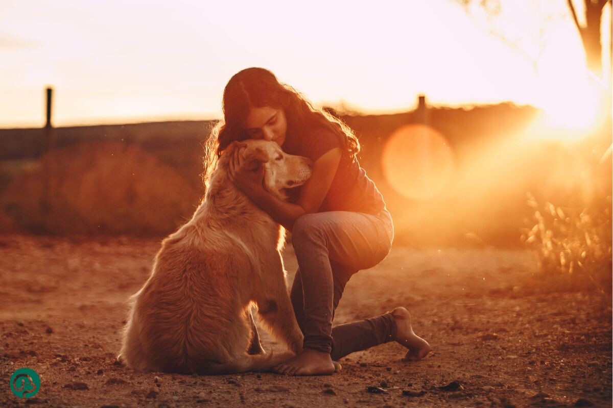 Женщина обнимает собаку 