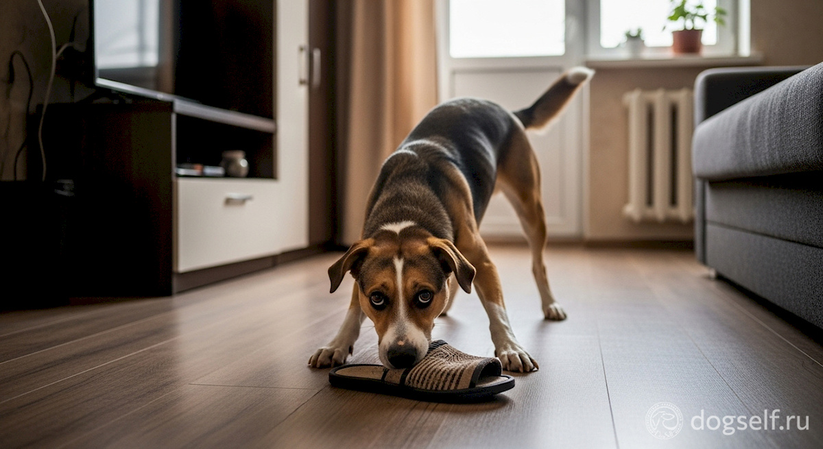 Секунда после крика. Игрушки перестали быть интересными. Мир замер. И стал опасным | Напуганная собака замерла от страха посреди комнаты после того, как на неё накричал хозяин | Изображение: DogSelf