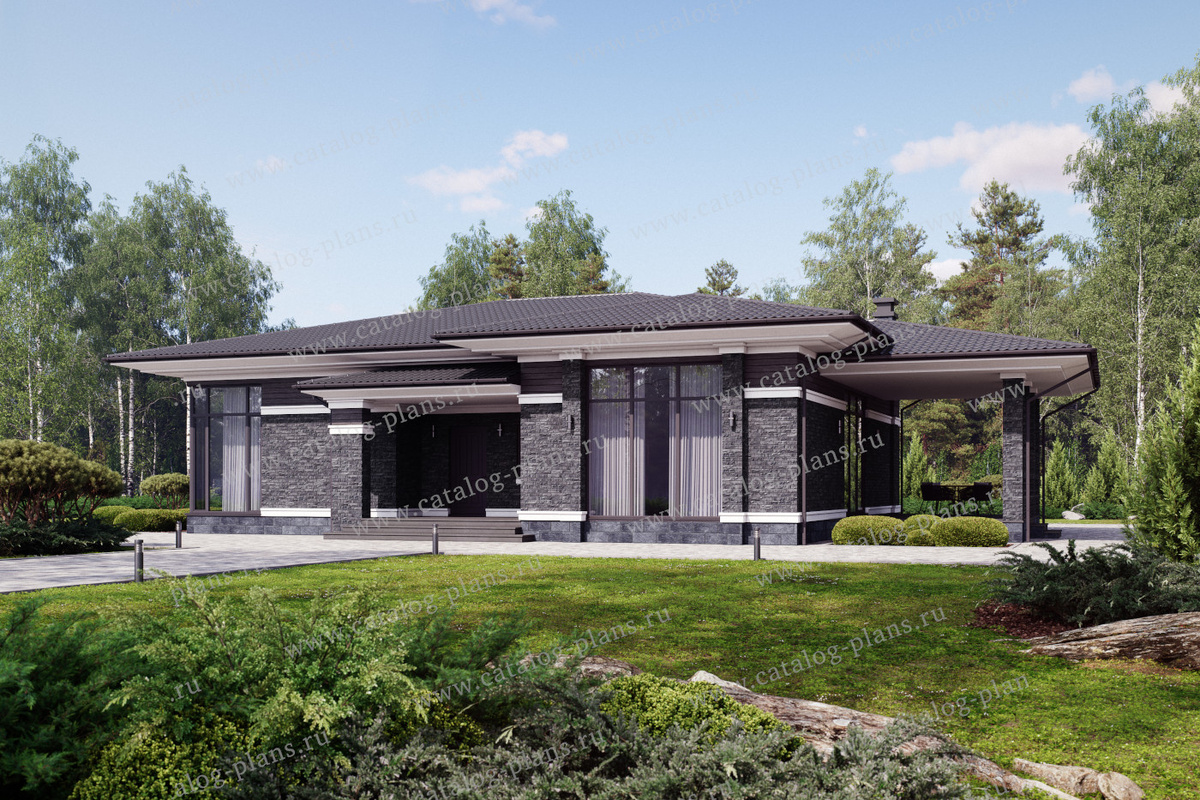 Проект одноэтажного дома из газобетона с террасой. Общая площадь: 170 м².