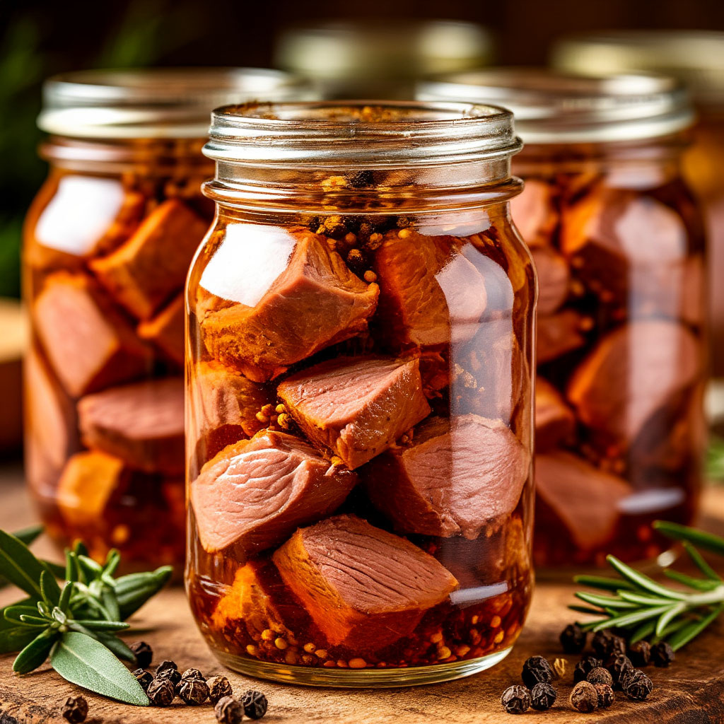 Готовое блюдо представляет собой аппетитные кусочки утиного мяса, аккуратно уложенные в прозрачные стерильные стеклянные банки. Утка имеет золотисто-коричневый оттенок, приобретённый благодаря длительной варке и специям. Банки наполнены прозрачным ароматным рассолом, насыщенным вкусом лаврового листа и чёрного перца горошком. Мясо выглядит сочным и мягким, идеально подготовленным для длительного хранения зимой. Блюдо вызывает ассоциации с уютными семейными ужинами и домашними заготовками, подчёркивая мастерство хозяйки и заботу о близких.
