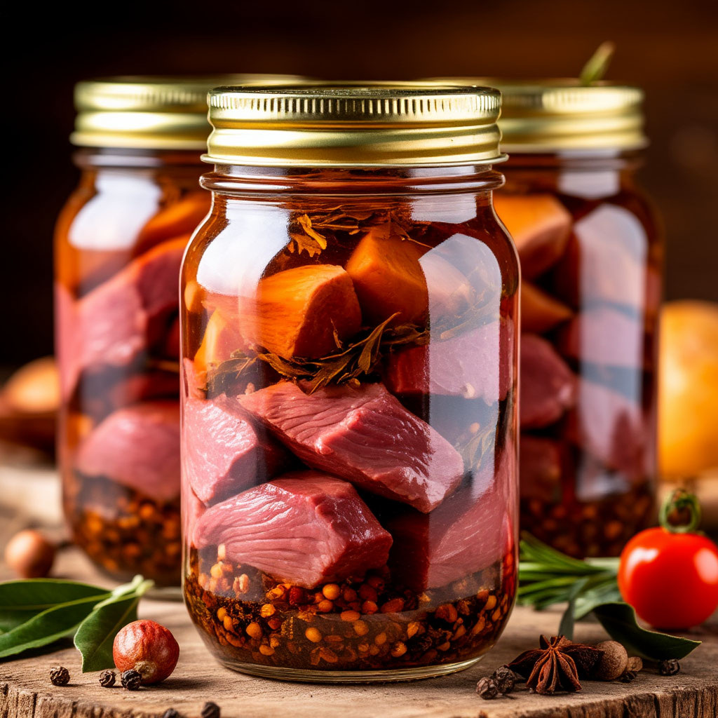 Перед вами запечатанное в банке традиционное домашнее лакомство — аккуратные куски нежнейшего гусиного мяса, погружённые в пряный ароматный рассол. Кусочки птицы выглядят аппетитно, равномерно окрашенные, источают запах лавровых листьев и чёрного перца. Стеклянные баночки заполнены чистым рассолом, придающим мясу особый вкус и сохраняющим свежесть продукта надолго. Готовое блюдо символизирует домашний уют и теплоту семейных застолий, вызывая приятные воспоминания о зимних праздниках и гостеприимстве русской кухни.