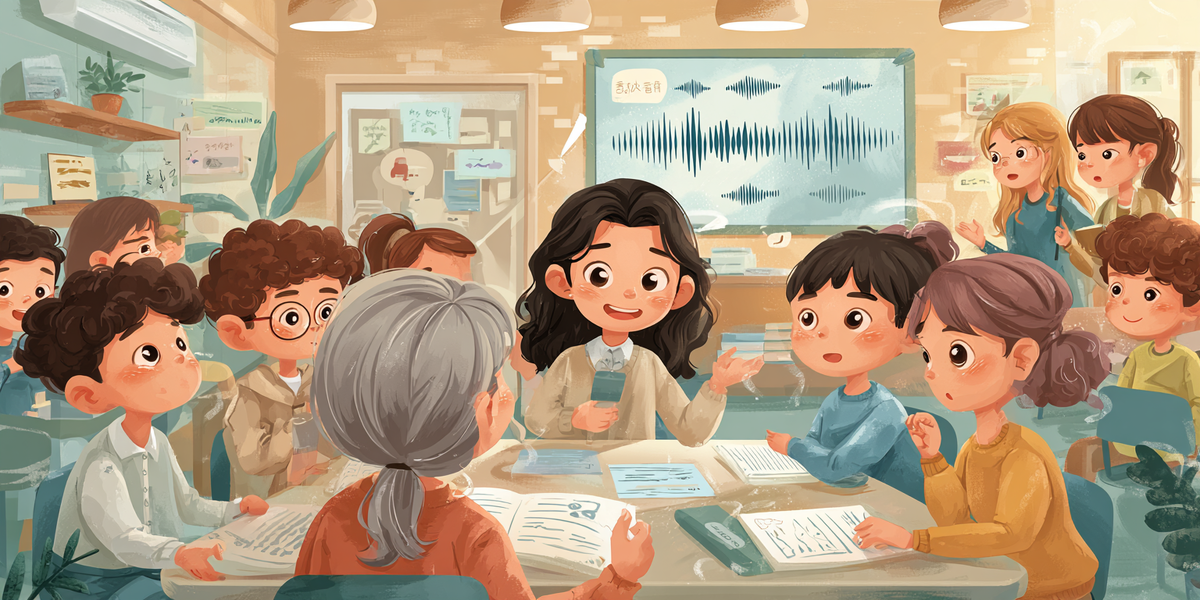 В изображении представлена образовательная сцена в классе китайского языка, где группа учеников практикует произношение китайских тонов. В центре внимания — преподаватель, которая объясняет правильное произношение тонов с помощью микрофона, а ученики внимательно слушают и повторяют. На стенах видны диаграммы с аудиоволнами, символизирующие различные тоны. Учащиеся разных этнических групп, включая детей с кудрявыми и прямыми волосами, сидят за столами, внимательно записывая заметки. Атмосфера в классе дружелюбная и учебная, а вокруг — обучающие материалы по китайскому языку.