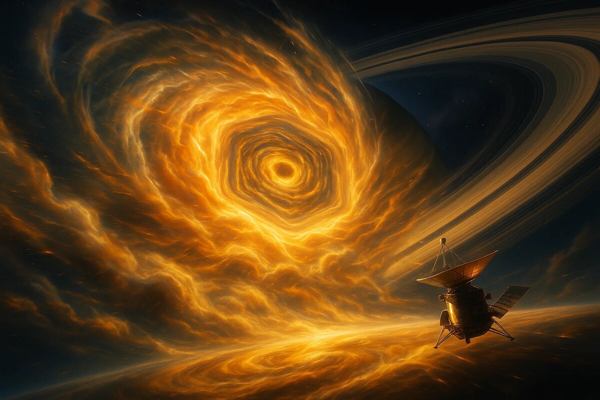 Смертоносный танец и идеальная геометрия: шестиугольный вихрь Сатурна в момент своей максимальной мощи. Стремительные потоки газа сталкиваются и закручиваются по невидимому каркасу, создавая ураган, который не угасает десятилетиями. Смелый зонд на переднем плане передаёт весь масштаб этого космического инженерного чуда.