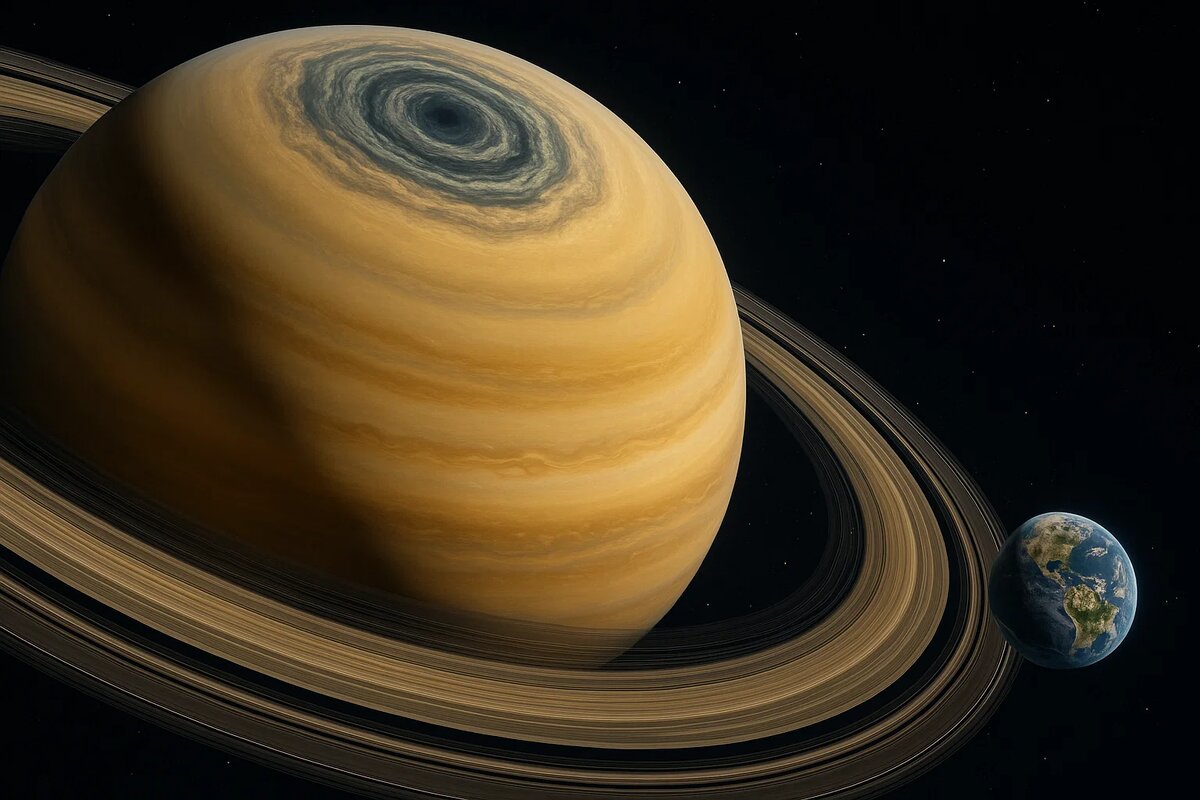 Исполинский Сатурн и его шестиугольный вихрь, поражающий своими размерами. Рядом парит хрупкая голубая Земля, зрительно уступающая урагану на полюсе гиганта. Этот кадр передаёт ошеломляющий масштаб космических явлений и нашу скромную роль во Вселенной.