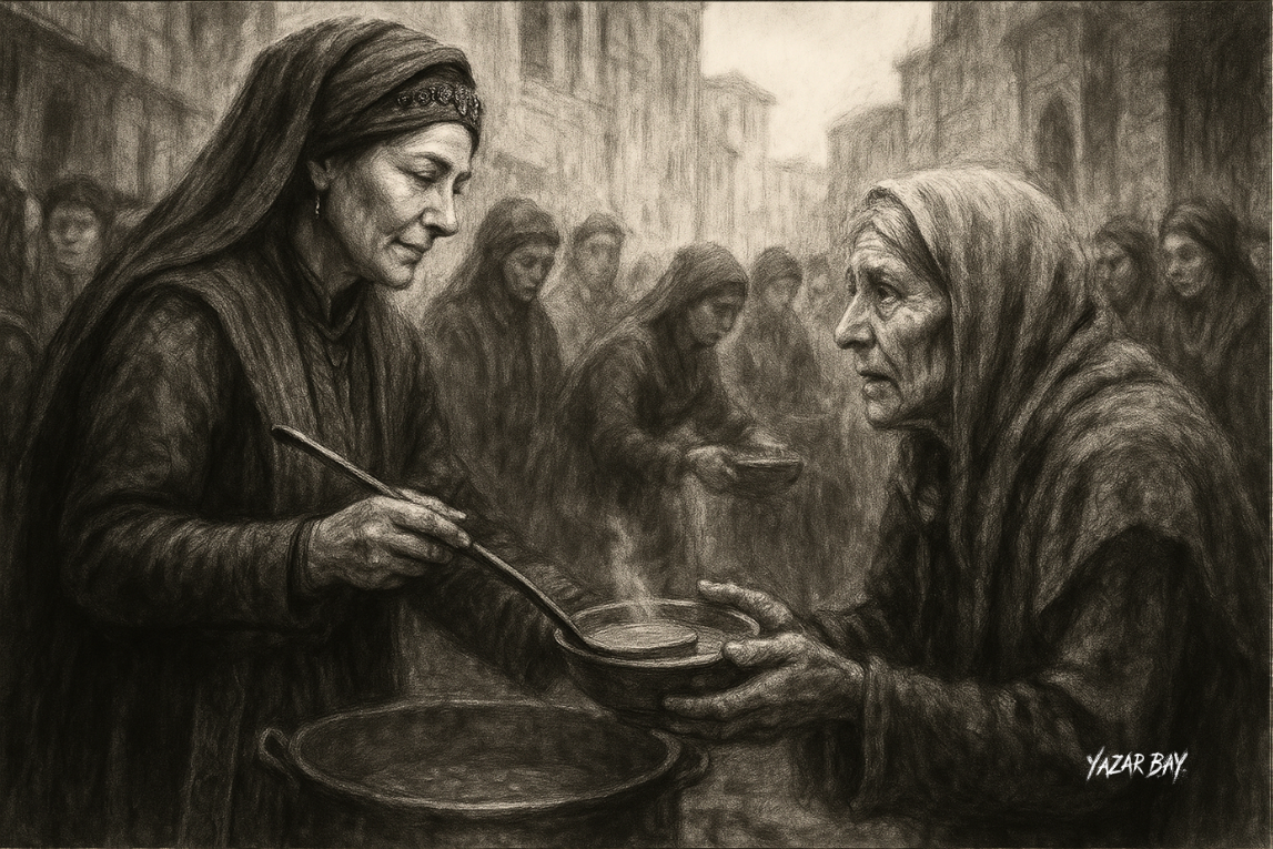 В завоеванной Никее Бала-хатун, мать Султана Орхана, лично раздает еду в благотворительной столовой голодным греческим жителям. ©Язар Бай