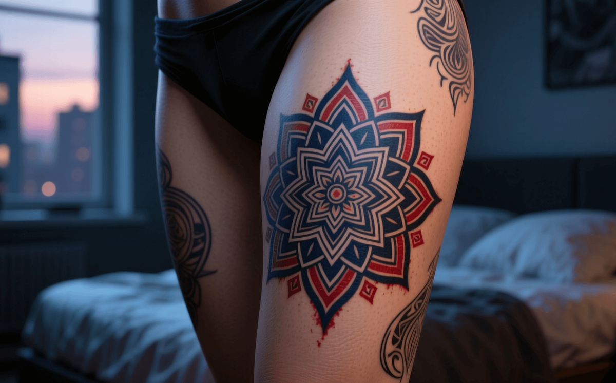    Тату на внешней стороне бедра делаются с меньшим дискомфортом, чем на многих других частях тела.