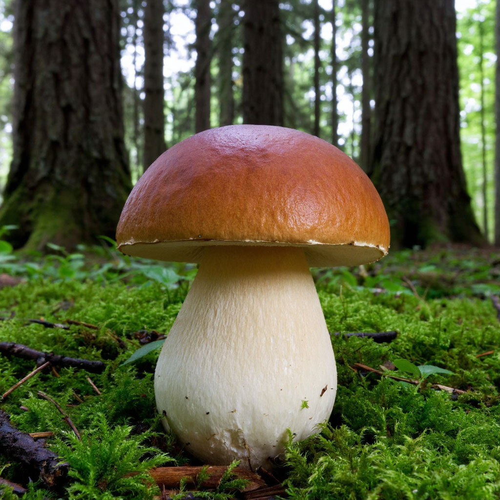 Примерно такой грибочек, с белой ножкой и коричневой шляпой. И с кусочком мха рядом. 