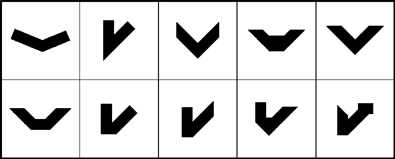 Эти 160 фигур, сгруппированных по темам, можно собрать с помощью широко распространённой асимметричной Т-образной головоломки.