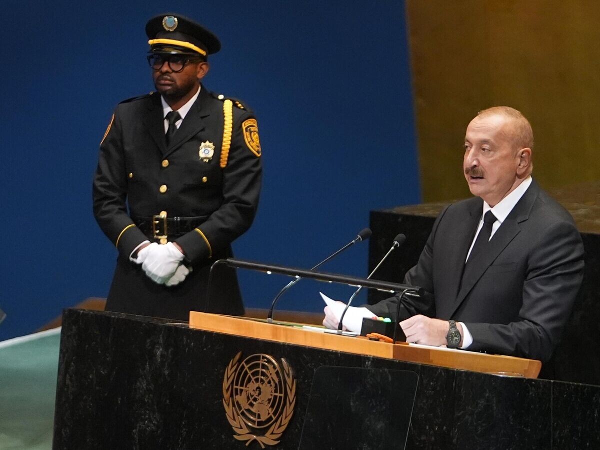    Президент Азербайджана Ильхам Алиев выступает в Генеральной Ассамблее Организации Объединенных Наций© Getty Images / Anadolu