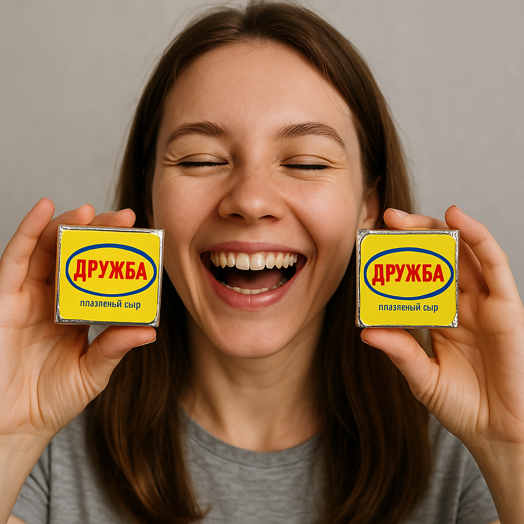 Девушка смеётся и держит возле лица в обеих руках сырки „Дружба“ в жёлтой упаковке