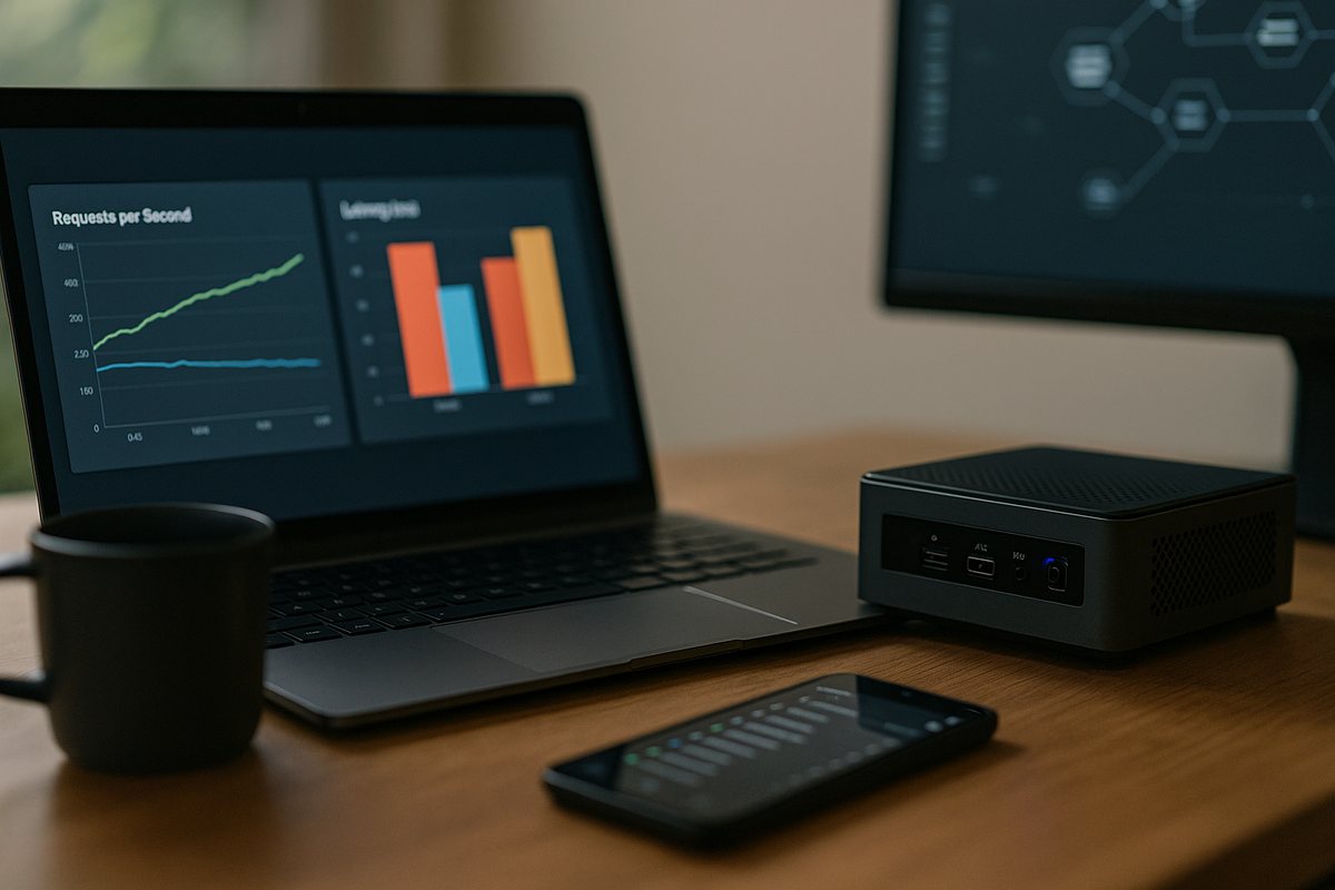 Краткое описание: фотореалистичное рабочее место SRE/девопса с ноутбуком и внешним монитором. На экране — дашборды с графиками RPS и латентности, визуально показывающие преимущество «кэша в памяти» над «кэшем в БД». Рядом — мини-сервер и смартфон; естественный дневной свет, без логотипов и лишнего текста. Идея кадра иллюстрирует вывод статьи: Redis быстрее и стабильнее под нагрузкой, а PostgreSQL может выступать альтернативой в отдельных сценариях.