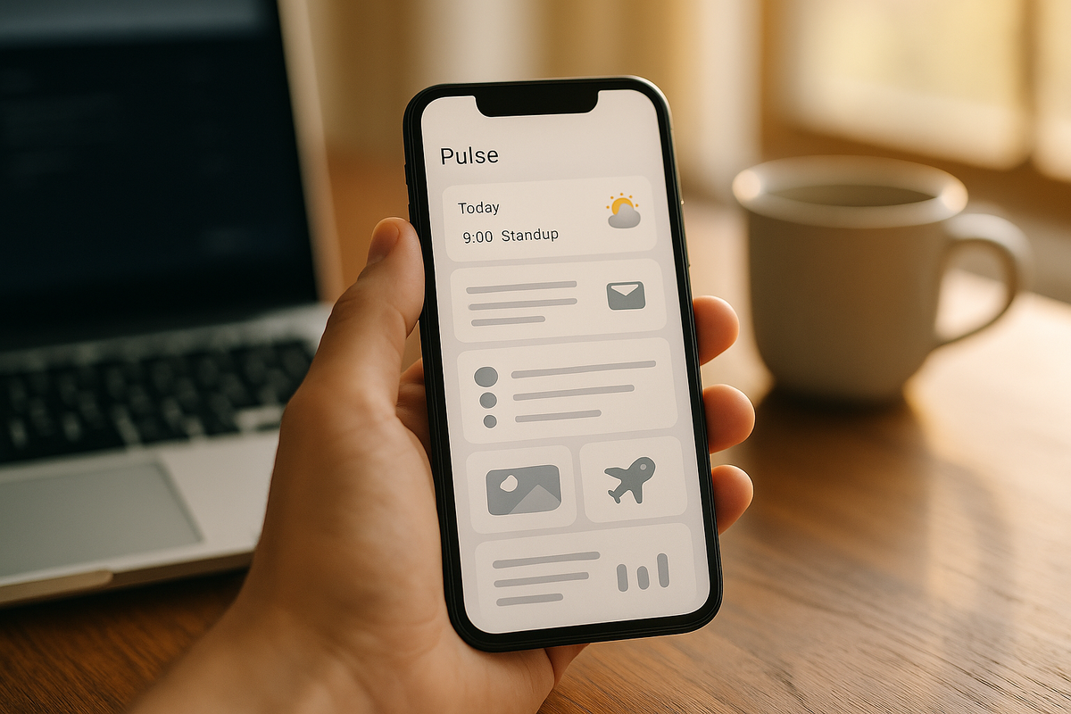 Краткое описание: фотореалистичный кадр «утро на работе» — в руке смартфон со стеком визуальных карточек: ближайшие встречи, напоминание о перелёте, сводка почты и погоды. На фоне — ноутбук и кружка, мягкий дневной свет. Сцена иллюстрирует идею ChatGPT Pulse: проактивные персональные обновления на мобильном, собранные из подключённых сервисов, без логотипов и лишнего текста.