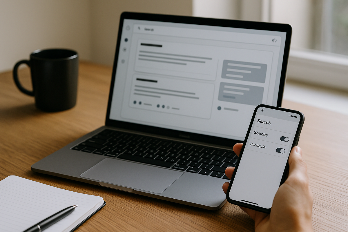 Краткое описание: естественная сцена рабочего стола разработчика — ноутбук с карточками результатов «веб-поиска» и боковой панелью «источники/расписание», в руке смартфон с теми же переключателями. Мягкий дневной свет, блокнот и кружка на столе. Кадр иллюстрирует идею Ollama Web Search: локальная LLM ищет в интернете и собирает сводку с источниками в удобных карточках, без логотипов и лишнего текста.