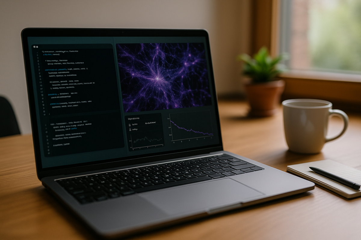 Краткое описание: фотореалистичный «домашний кабинет» — ноутбук с визуализацией космической паутины и мини-графиками (спектр/метрики) на экране, рядом блокнот, ручка и кружка. Мягкий дневной свет из окна. Кадр иллюстрирует идею новости: сложные космосимуляции, которые требовали суперкомпьютеров, теперь запускаются на обычном ноутбуке (минуты вместо недель), без логотипов и читаемого текста.