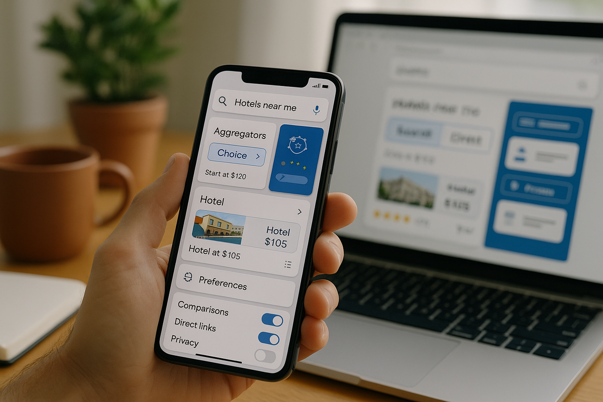 Краткое описание: естественная сцена «поиск отеля в Европе» — в руке смартфон, на экране карточки с двумя сценариями: «агрегаторы» и «прямое бронирование», ниже — переключатели предпочтений (сравнение, прямые ссылки, приватность). На фоне — ноутбук с тем же поиском, кружка и растение, мягкий дневной свет. Кадр иллюстрирует дискуссию вокруг DMA: как выбор интерфейса влияет на удобство и цены, без логотипов и лишнего текста.