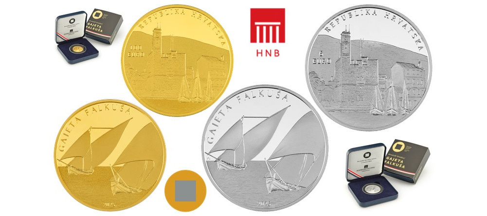    Дизайн хорватских монет 2025 года с традиционной парусной лодкой на фоне замка Комижа