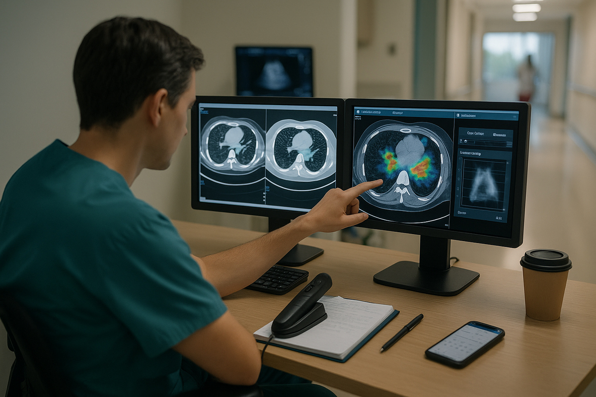 Краткое описание: фотореалистичный кабинет лучевой диагностики — радиолог в скрабах за станцией с двумя мониторами. На КТ-груди видны цветные «тепловые» подсветки (AI-подсказки), но врач пальцем указывает на зону и сверяет с соседним снимком; рядом диктофон для протокола, блокнот и телефон с расписанием. Идея кадра: ИИ помогает, но решение принимает человек — спрос на радиологов на историческом пике.