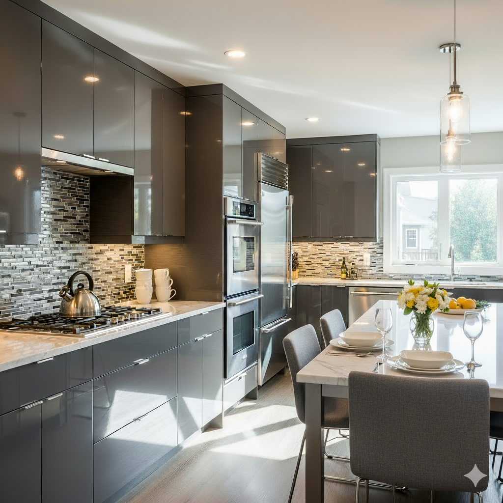 Фото: кухня с высокими шкафами до потолка