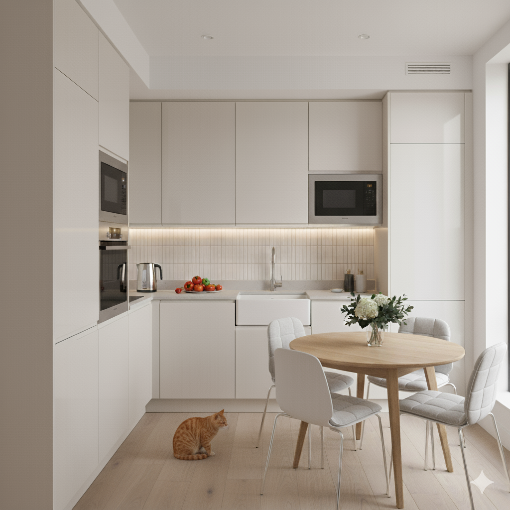 Фото: светлая кухня с глянцевым фартуком и подсветкой