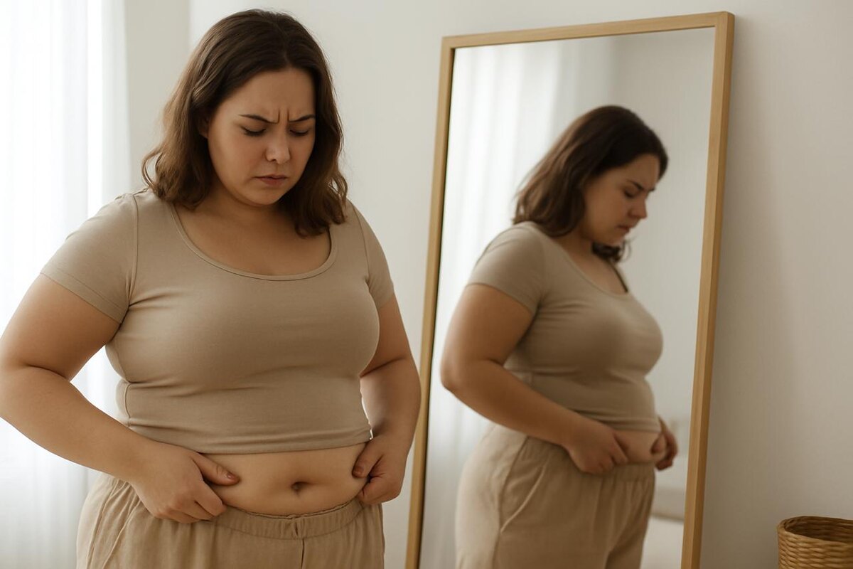 Девушка расстроенна из за выпирающего живота