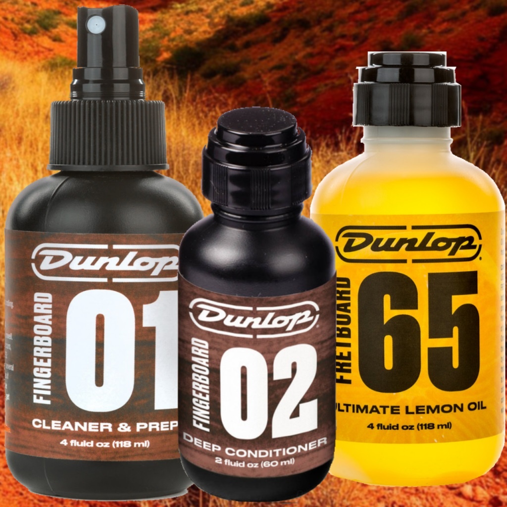 Средства для ухода за грифом Dunlop: 01 Cleaner & Prep, 02 Deep Conditioner, Lemon Oil