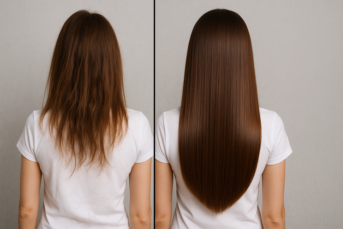 волосы при недостатке поддержки организма (слева) и при достаточном уходе и питании (справа)