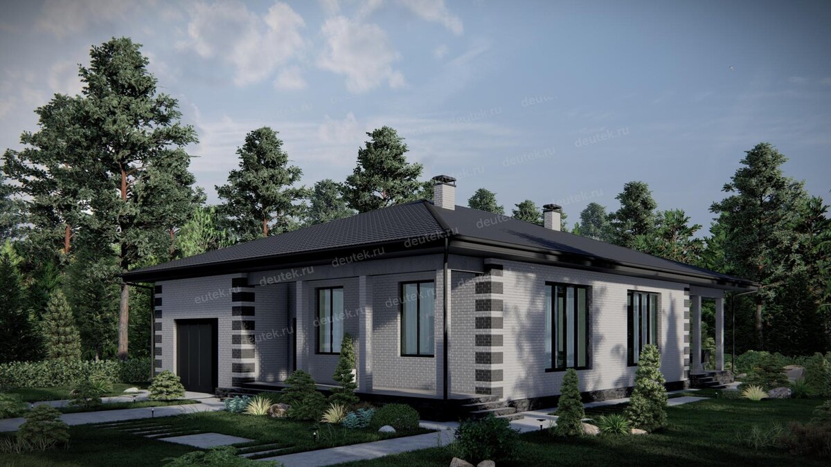 Проект одноэтажного дома 216 м2 с одноместным гаражом и террасой